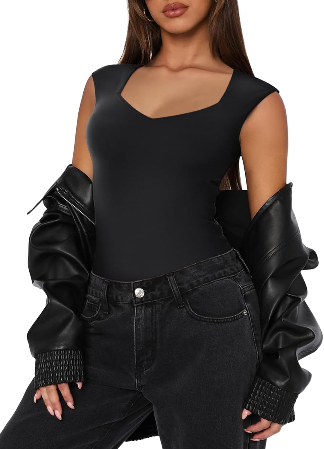 Size M REORIA Butsmooth® Women's Trendy Sexy Casual V Neck Double Lined Sleeveless Slimming Going Out Tank Top Bodysuits